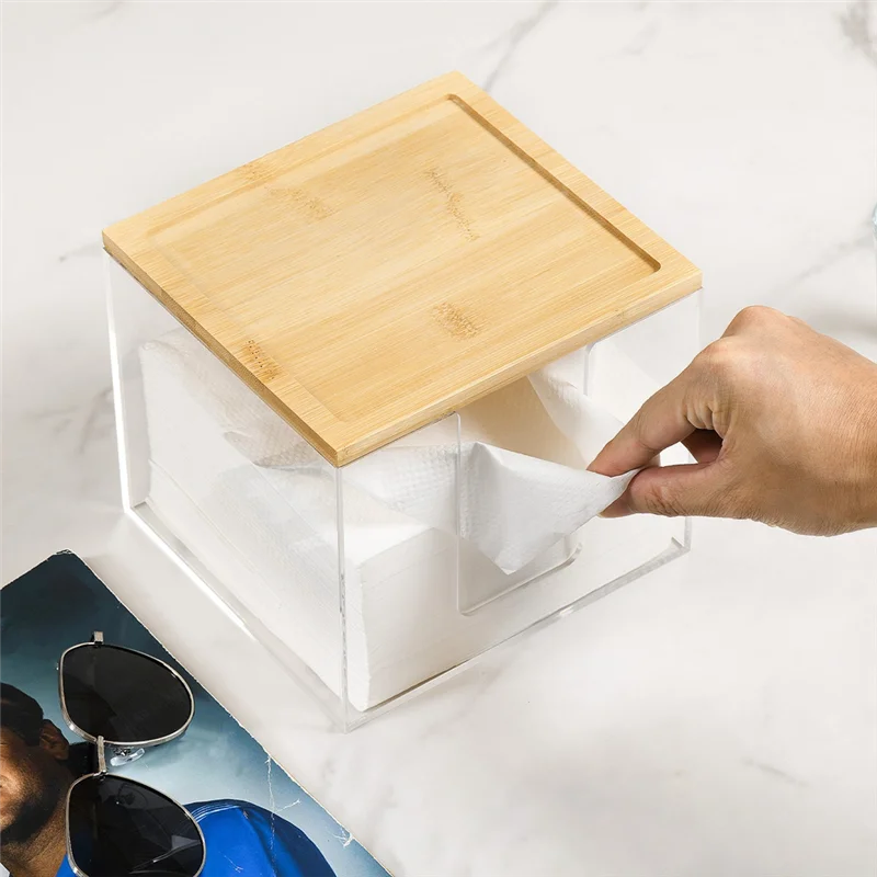 

A70P Acrylic Facial Container, Disposable Face Towel Holder Box With Bamboo Lid For XL Clean Skin Club, Large Storage Capacity