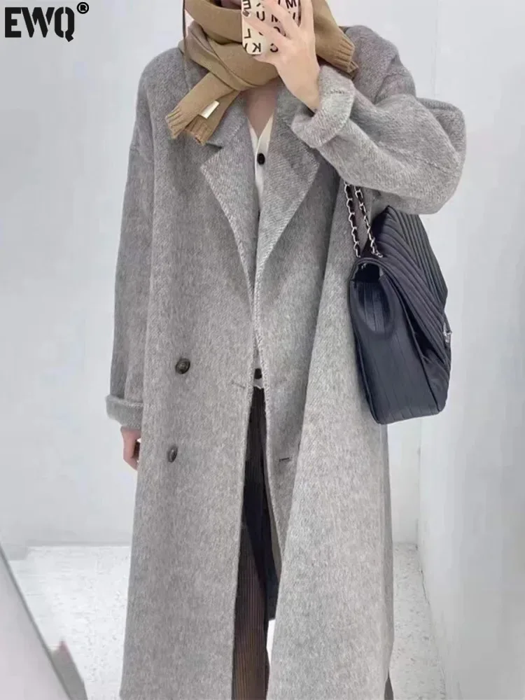 [EWQ] Korean Style Fashion Double Breasted Two-faced Cashmere Coat Solid Women Long Woolen Coats Winter 2024 Autumn New 16O1636