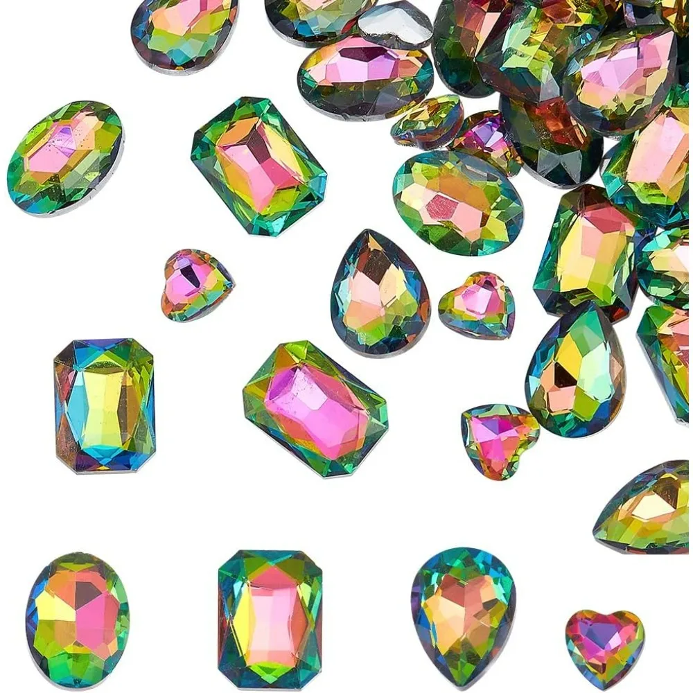 64 Pcs 4 Shapes Pointed Back Rhinestone Glass Rhinestones Gems Colorful Rectangle/Teardrop/Heart/Oval Crystal Jewels making kit