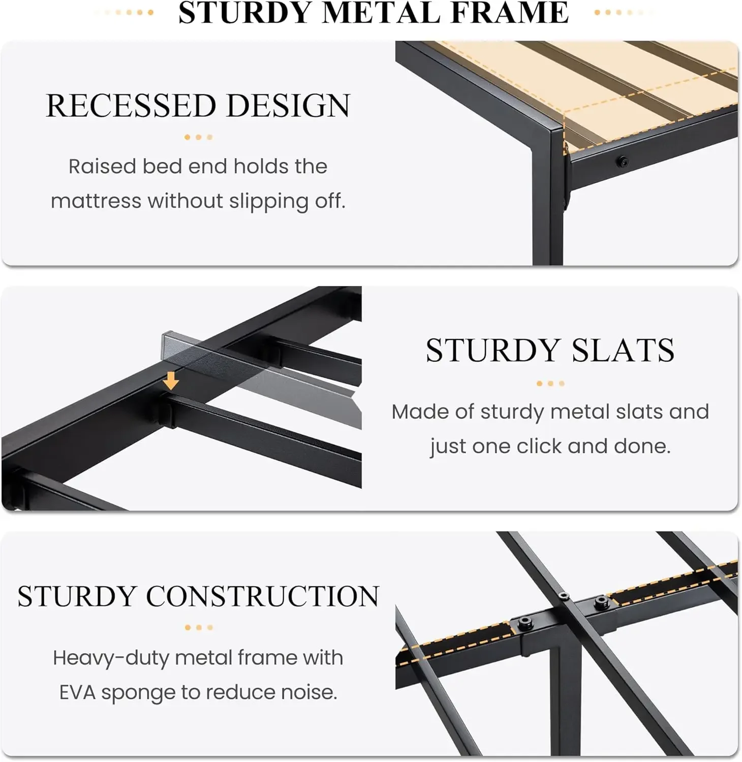 [شحن مجاني، وصول جديد! إطار سرير بحجم كينج مع رف أمامي وأساس معدني قوي، لا حاجة إلى صندوق زنبركي، أسود