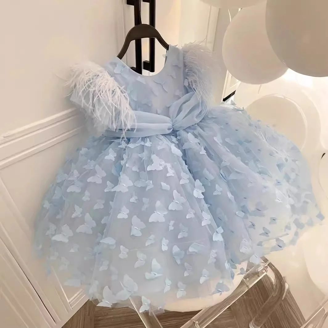 Luxury Children\'s Birthday Party Dresses Butterfly embroidered feathers Baby Girl\'s wedding ball evening princess bow tutu dress