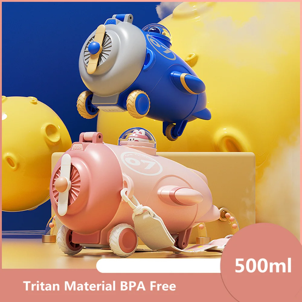 500ml Fighter Aircraft  Water Bottle For Kids With Straw And Strap Cute Airplane Drink Bottle For Travel School Tritan Material