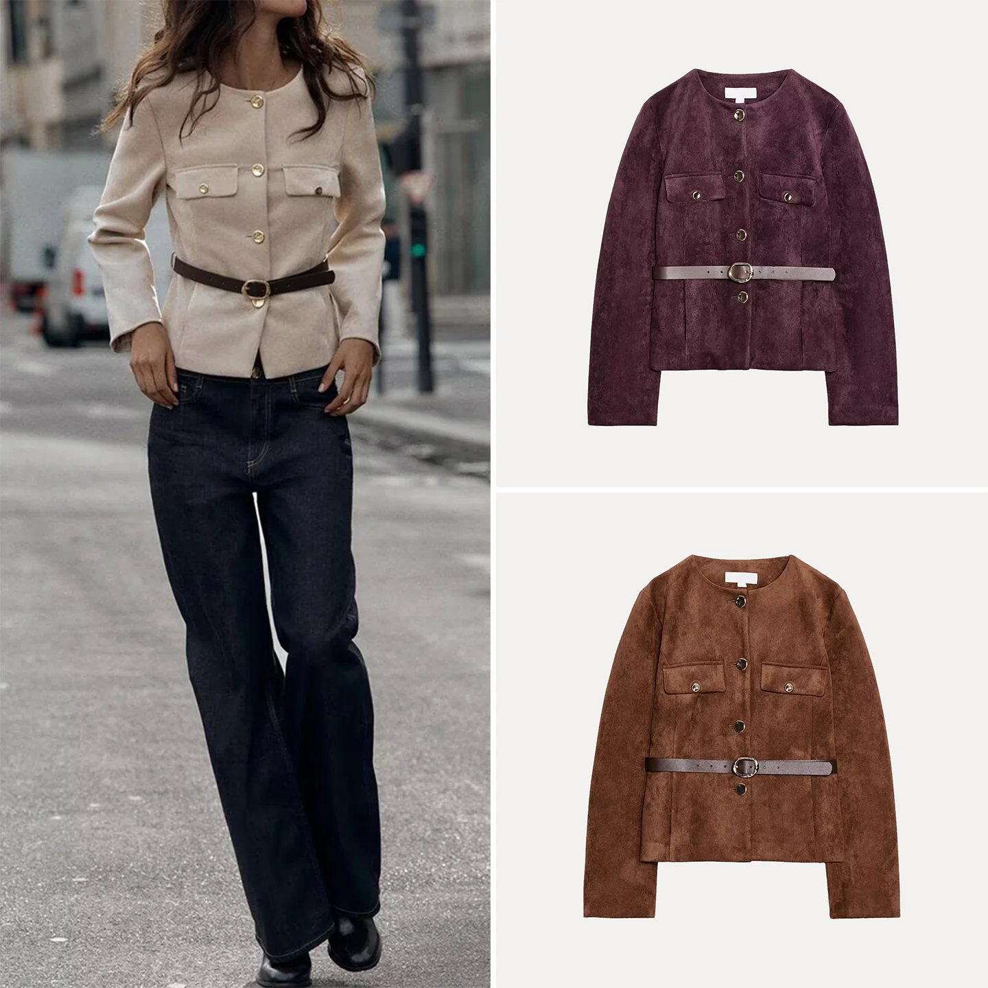 

Faionable Velvet Texture Suit Jaet with Belt for Women Z ort Outerwear European Sle Long Sve round Ne Butto...