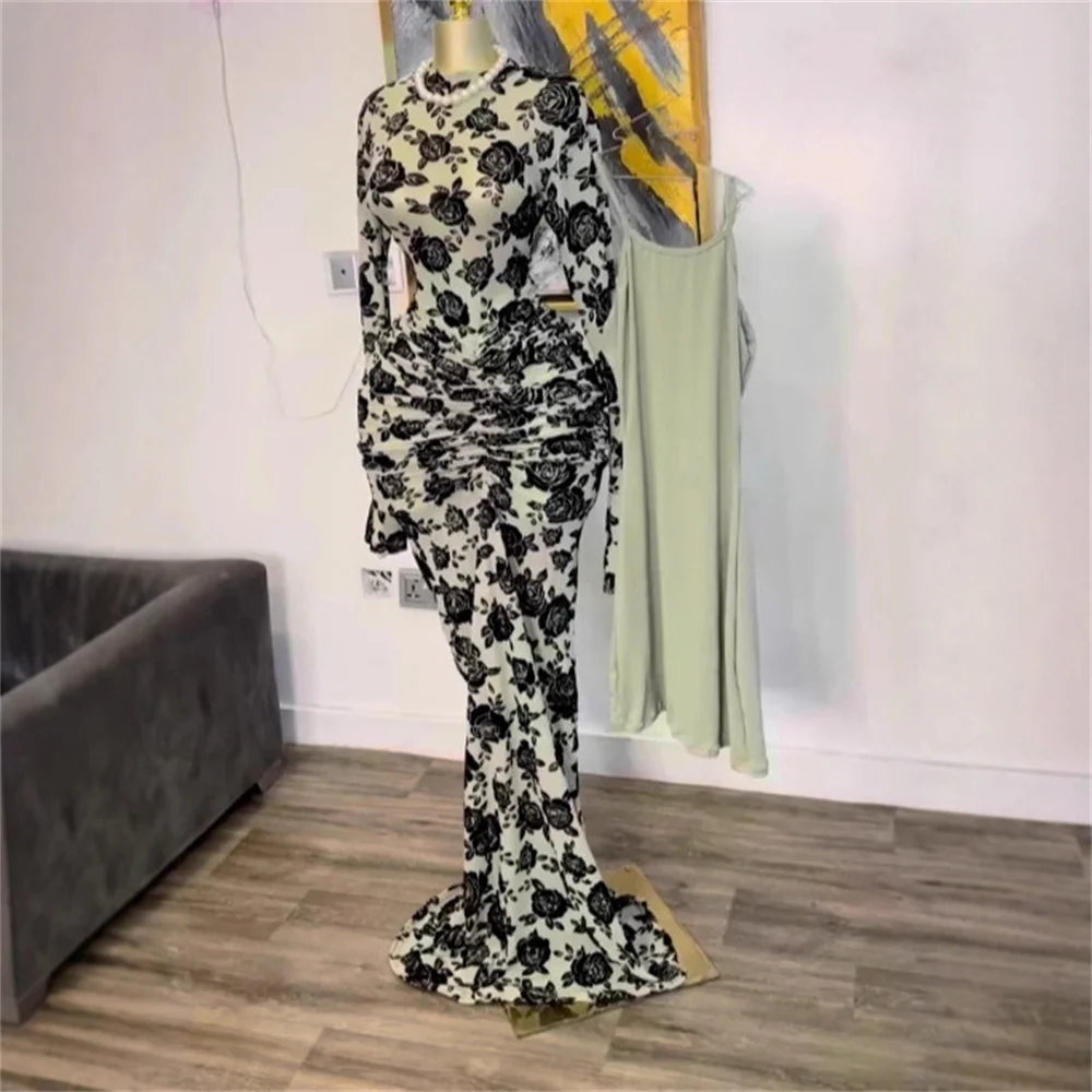 Vrouwen sexy lange mouw mesh doorzichtige gedrukte bodycon maxi-jurk elegante avond verjaardag sexy party cocktailjurken vestido