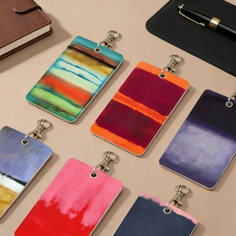 Art M-Mark Abstract R-Rothko PU Leather Card Holders Anti-lost Student ID Protective Cover Cases Campus Access Cards Key Chain