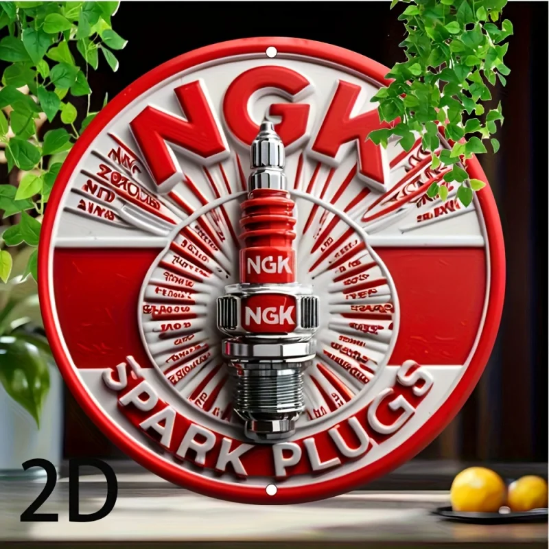 Image of 2D Flaches Aluminium-Wandschild mit Zündkerzen-Motiv, Retro 2D Runde Metallblechplakette, Vorgebohrt, Wasserdicht, Witterungsbeständig