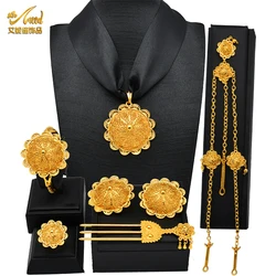 ANIID Ethiopian Flower Designer 6pcs Necklace Jewellery Set For Lady Wedding Nigerian Luxury Golden Jewelry Sets Banquet Gifts