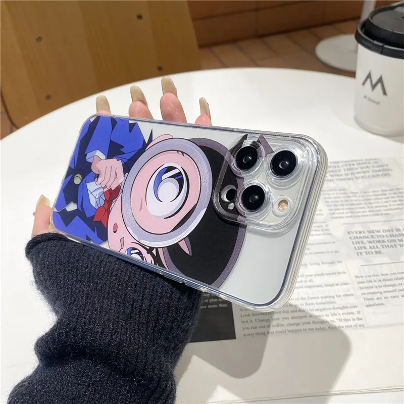 명탐정 코난 거치대 만화 전화 케이스, 아이폰 11, 12, 13, 14, 15 프로 맥스 플러스, 마그네틱 무선 충전, 맥세이프 커버