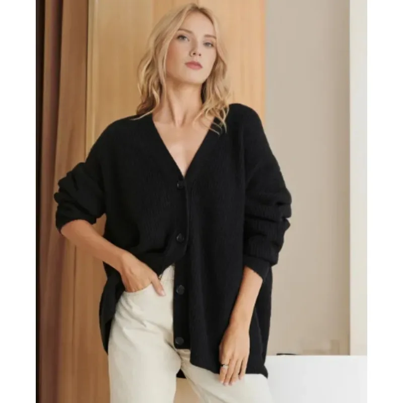 Women Elegant Long Sleeve V Neck Single Breasted Loose Knitwear Outwear Autumn Winter Knitted Cardigan Sweater Top