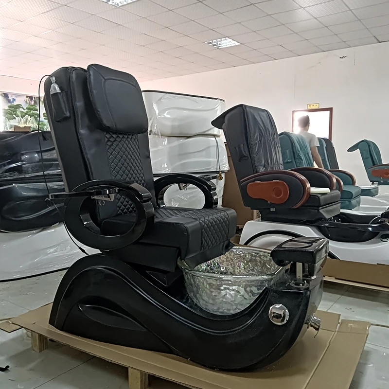 Modern Beauty Nail Salon Electric Reclining Pipeless Black Pedicure Chairs With Bowl