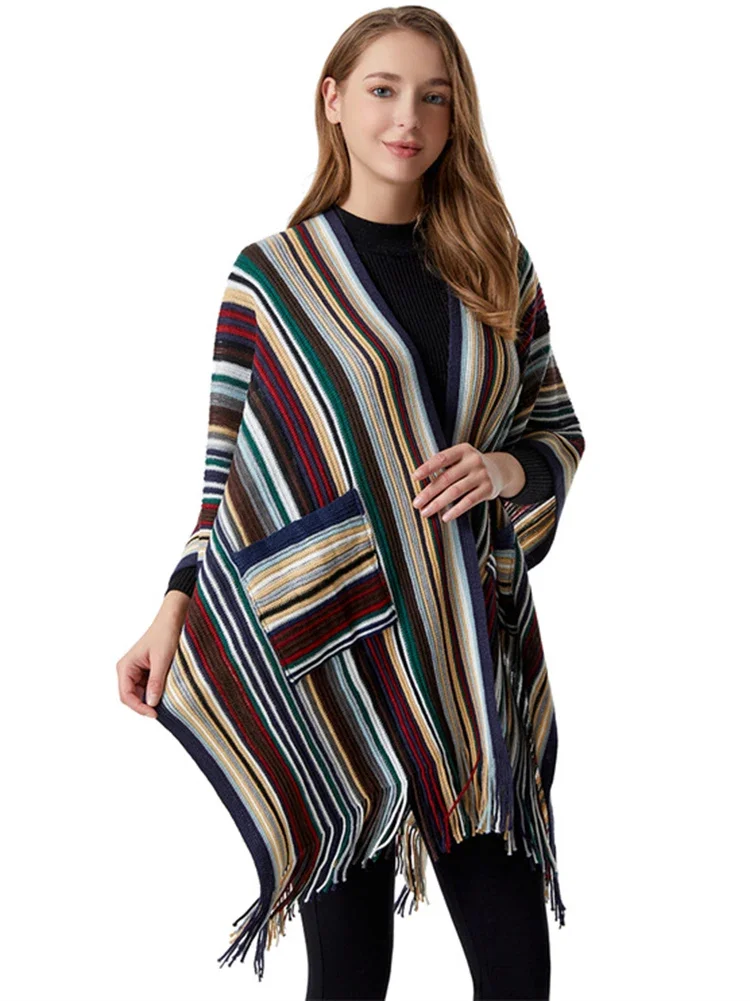 GypsyLady Vintage Bohemian Striped Cloaks Capes Autumn Winter Warm Women Knitted Hippie Ethnic Capes Cloak Poncho Outwear New