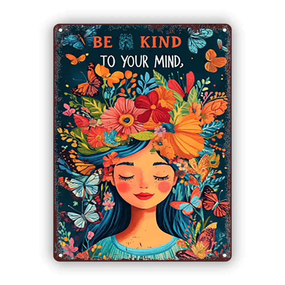 Letrero de Metal de aluminio Vintage con flores conscientes, cita inspiradora "Sea Kind to Your Mind", arte de pared de hierro rústico para cocina, 1 ud.