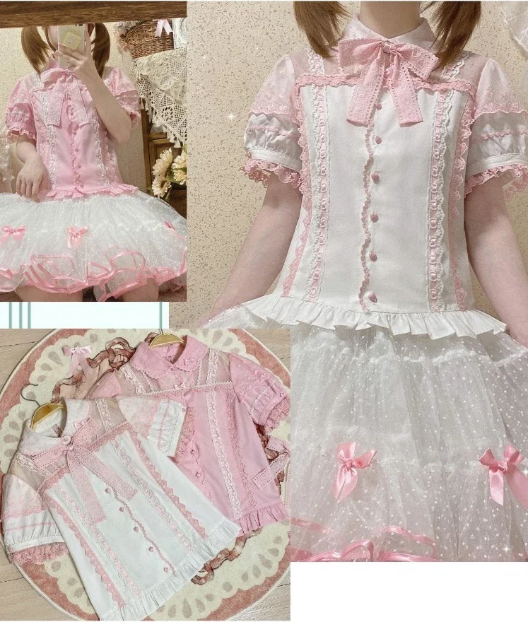 Girls Lolita Inner Wear Original Design New Summer Women's Pure Cotton Short Shirt Op Cute Sweet Lace Bow Shirt Blouses