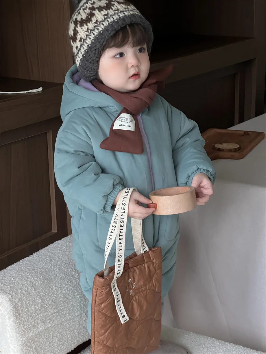 2024 Winter New Baby Fleece Hooded Romper Infant Boy Girl Padded Jumpsuit Plus Velvet Thick Newborn Toddler Warm Clothes 0-24M