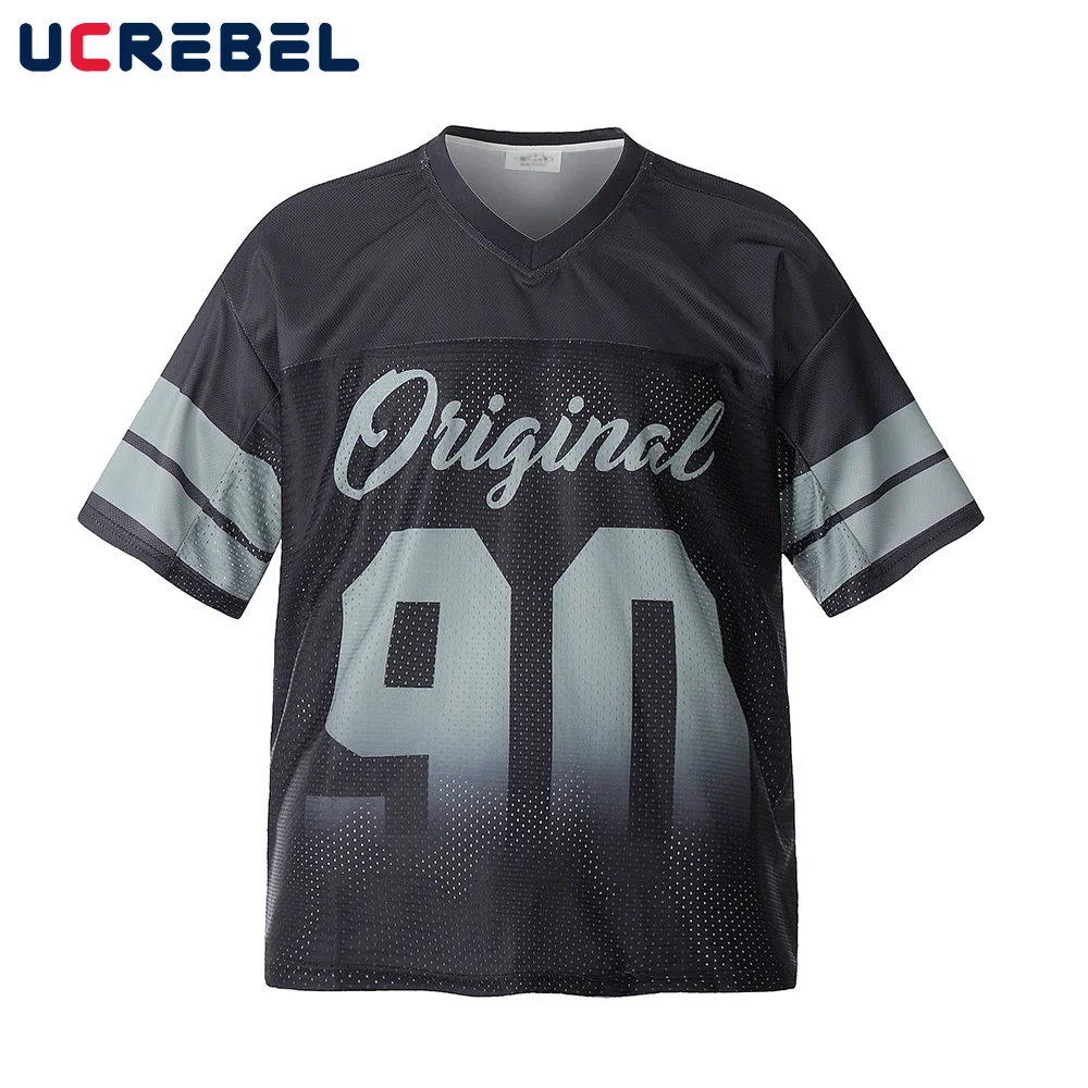 

Mesh Letter Print Short Sleeve T-shirt Mens High Street Summer Breathable Hip Hop Loose Half-Sleeve V-neck Jersey Men