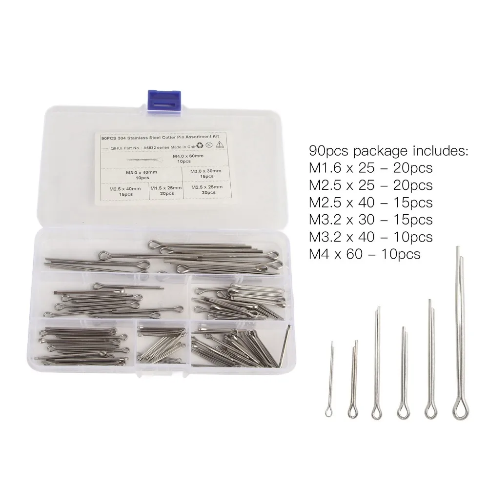 90PCS Stainless Steel Cotter Pin 6 Sizes Compartment Storage Box Hairpin Cotter Hairpin Style Locking Pin Automotive Repair