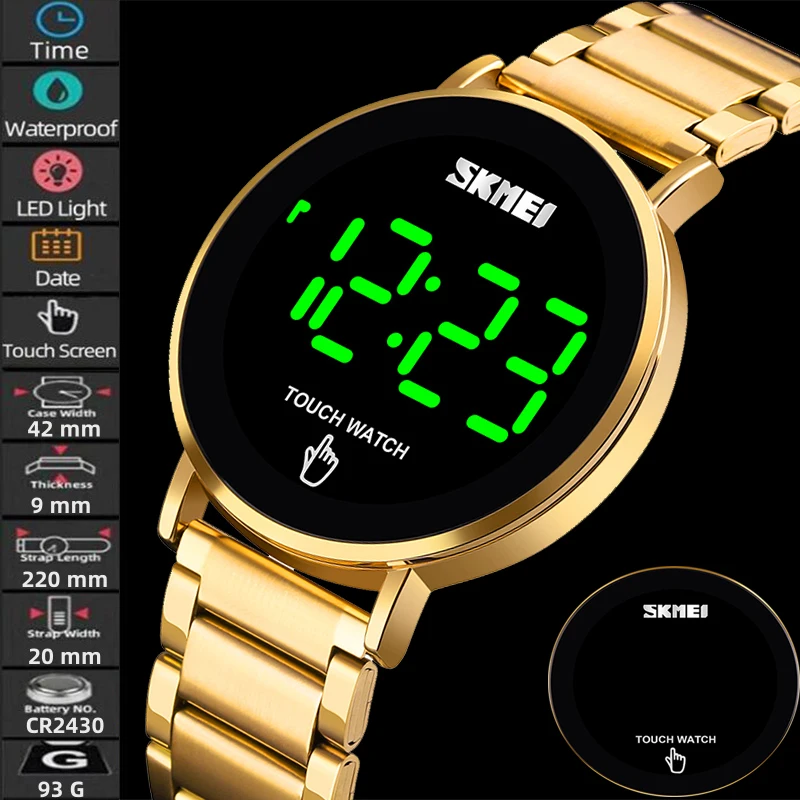

Skmei браслет с сенсорным экраном, цифровые часы для мужчин, ремешок из нержавеющей стали, 30 м, водонепроницаемые наручные часы со светодиодной подсветкой и датой