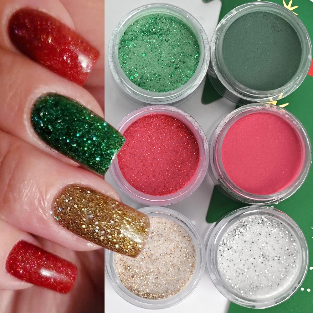 Kit de polvo acrílico rojo y verde de Navidad, 6 tarros x 7g, 3 en 1, para inmersión/tallado, acrílico, francés, polvo de cristal, extensión artística de uñas
