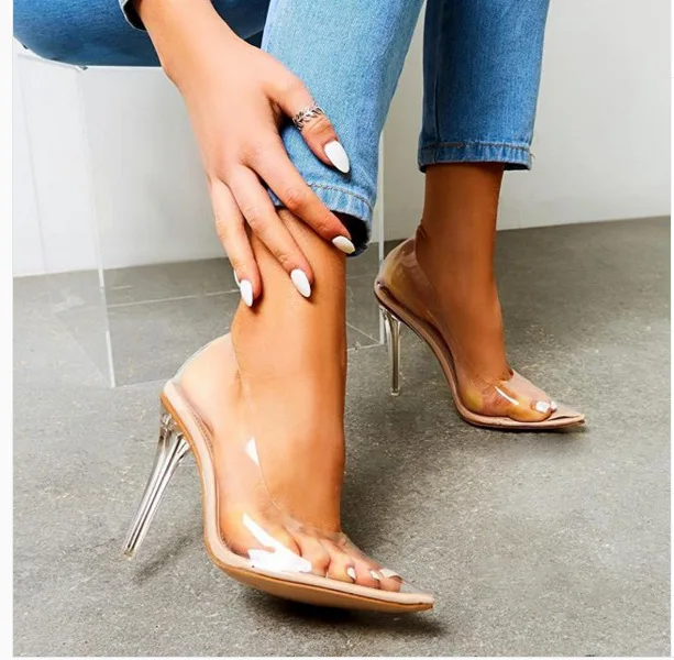 Concise Fashion PVC Woman Transparent Sandals Thin High Heels Shoes Pointed Toe Pumps Slip on Solid Apricot 2020 New