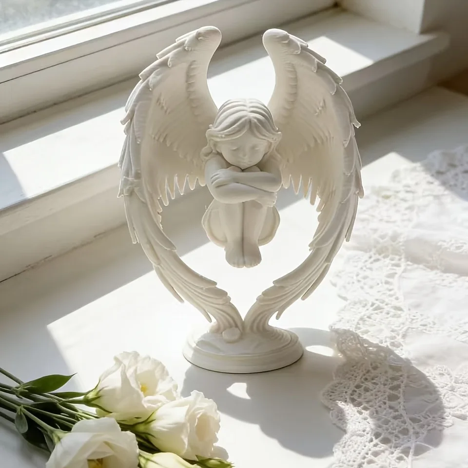 Slumber Crouched Angel Figurine 3D Print Gentle Prayer Cherub Desktop Ornament Religious Window Sill Decor Baptism Memorial Gift