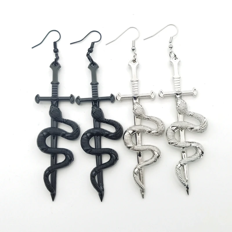 Snake with Sword Dangle  Earrings Glamour Serpent Goth Sword Earrings Gift Gothic Hoops Witchy Goddess  Dark Statement