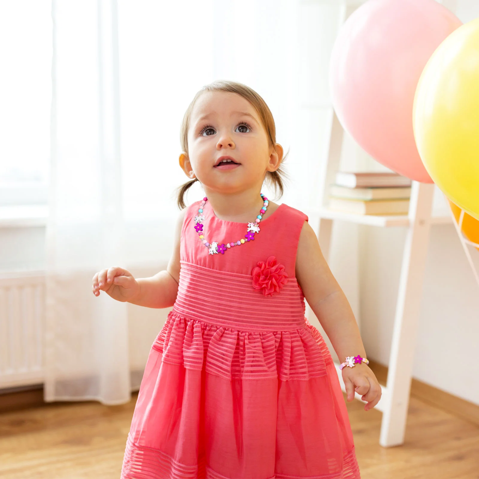 Amosfun 1 Juego de joyería de madera para niños, cuentas de unicornio, collar y pulsera coloridos, regalo para fiesta de cumpleaños