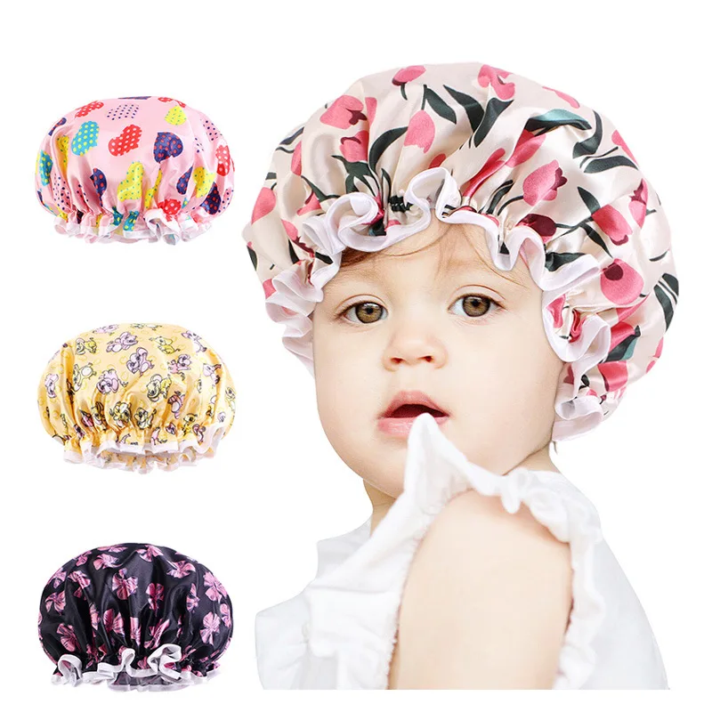 

3pcs Waterproof Bathing Cap Children Satin Silk Bonnet Cartoon Print Bath Hat for Girls Hair Protect PE Waterproof Cap for Swim