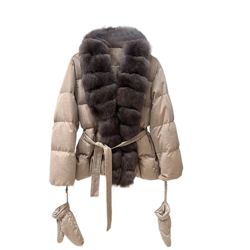 2026 Winter Neuer Stil Gänsedaunenjacke mit Fuchspelzkragen für Damen, Kurz, Tailliert, mit Gürtel, Verdickter Warmer Wollmantel
