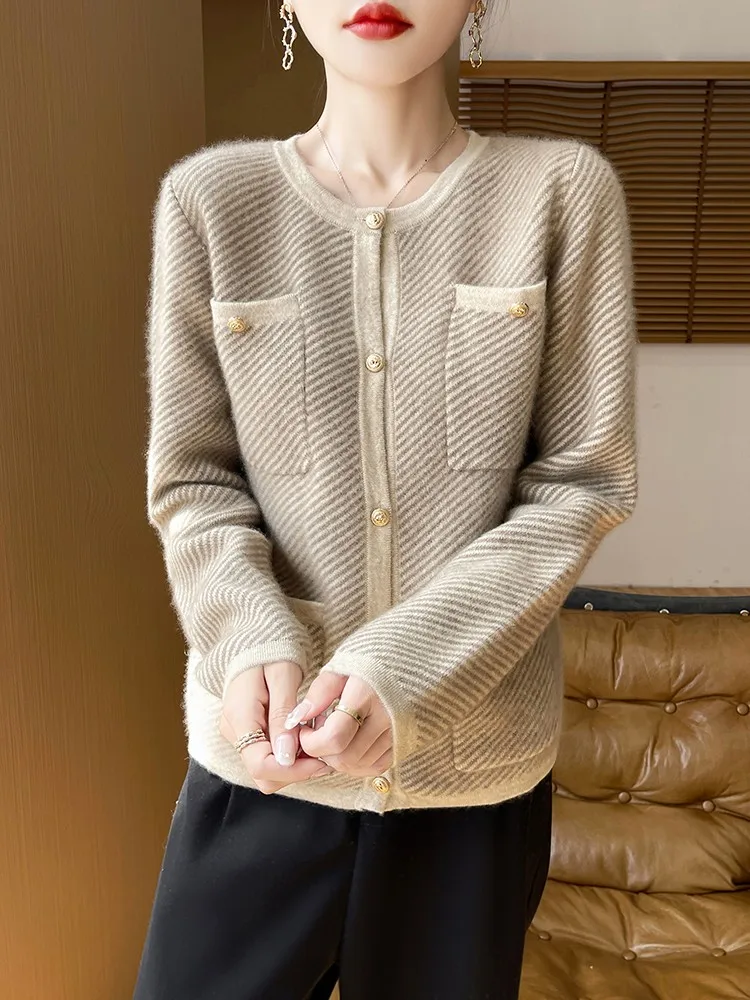 High Quality Thick 100% Merino Wool Women Sweater Long Sleeve Warm Knitted Cardigan Autumn Winter Office Lady Cashmere Outerwear