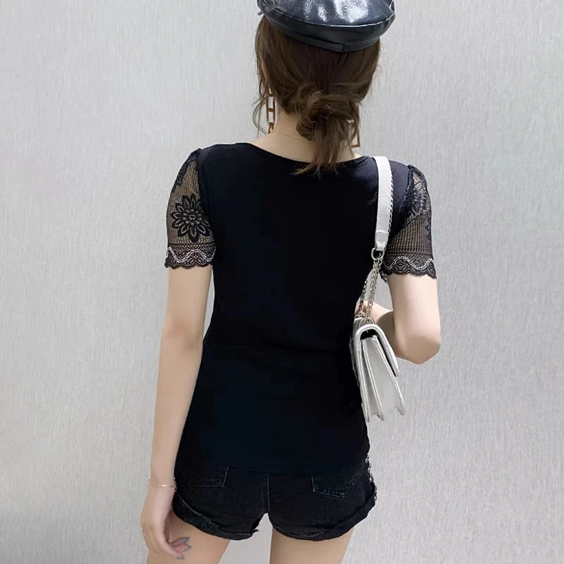 High-End Summer Fashion Korean Clothes T-shirt Chic Butterfly Diamonds Mesh Women Tops Sexy Hollow Short Sleeve All Match Tees