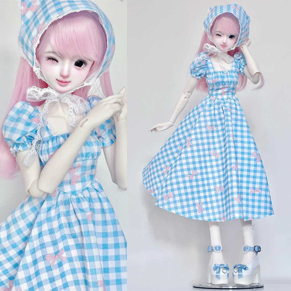 D09-P183 children handmade toy   1/4 MDD MSD BJD Doll clothes Square neck bubble sleeves plaid dress 3pcs/set