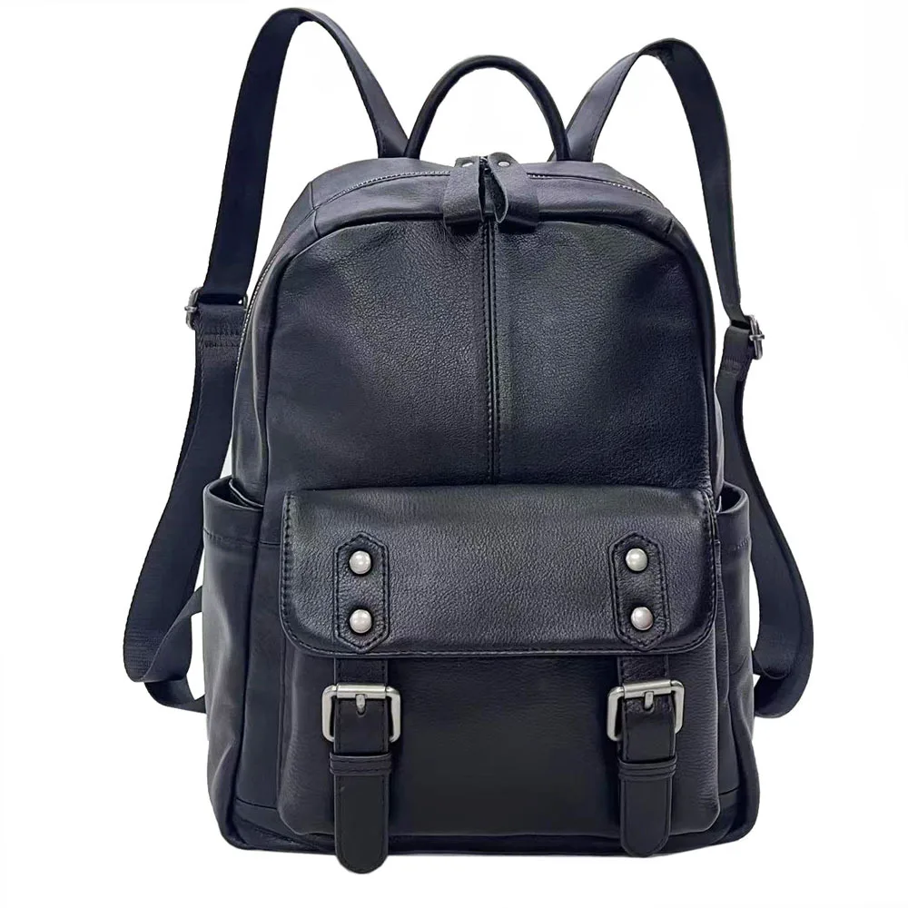 Black Women Genuine Leather Backpack Multi-pocket Women Travel Shoulder Bag 2026 New Real Cow Leather Rucksack