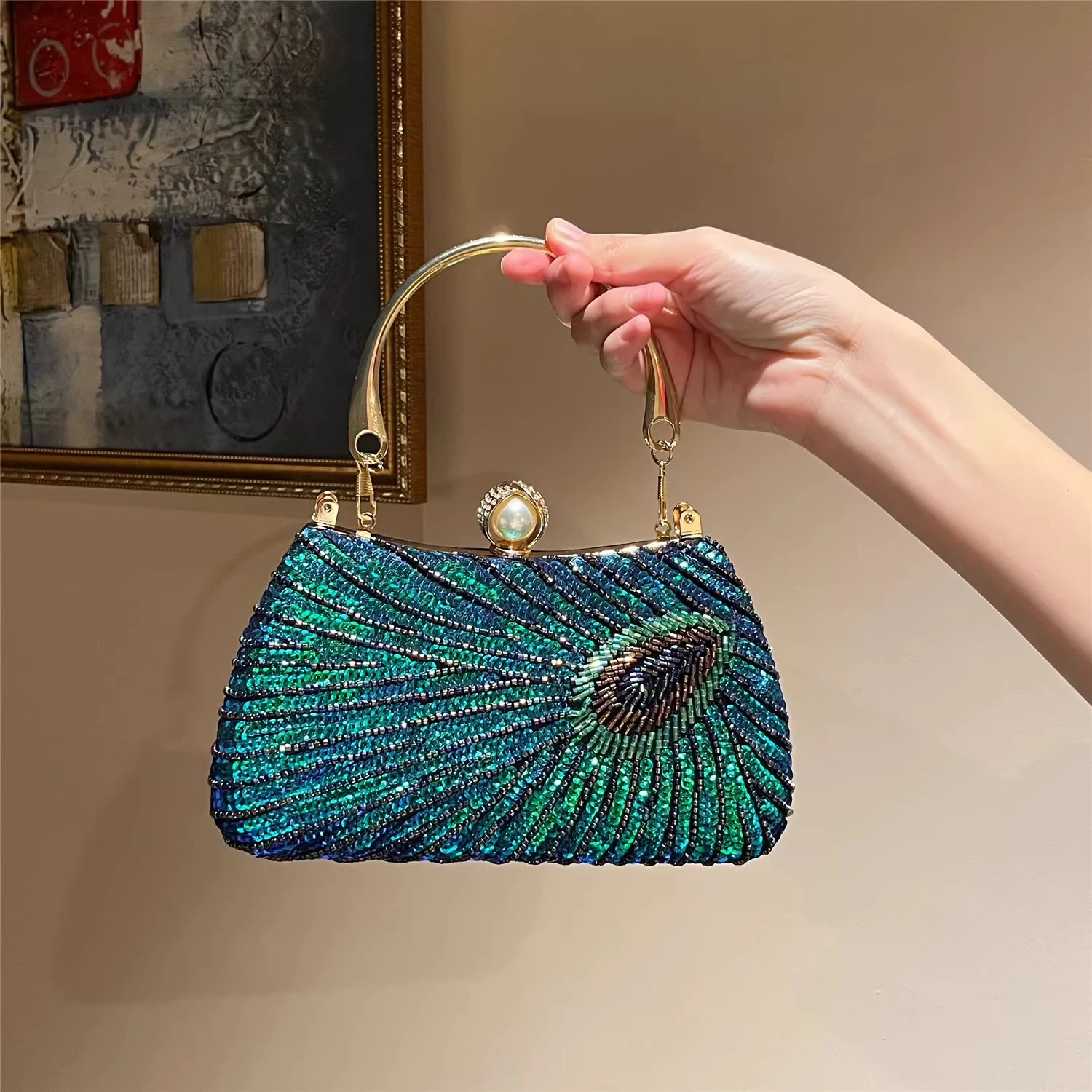

Womens Sequin Beaded Evening Bag Vintage Peacock Clutch Bags Wedding Party Handbag Clutch Purse for Women