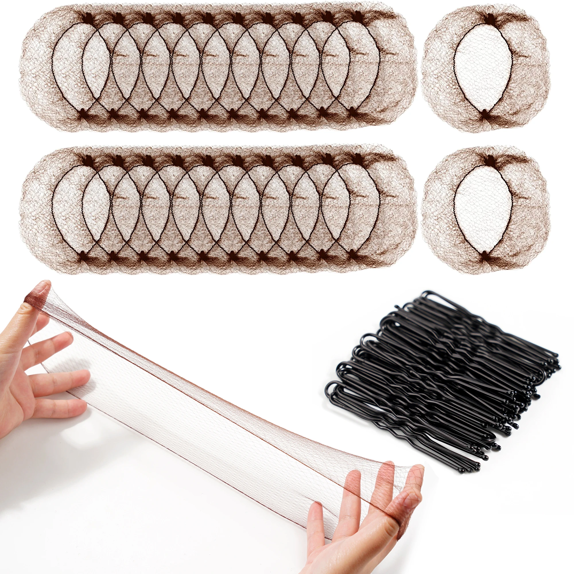 Invisible Hair Nets and U Shaped Hair Pins Set/Hair Bun Shaper Set  Elastic Edge Mesh Hair Nets