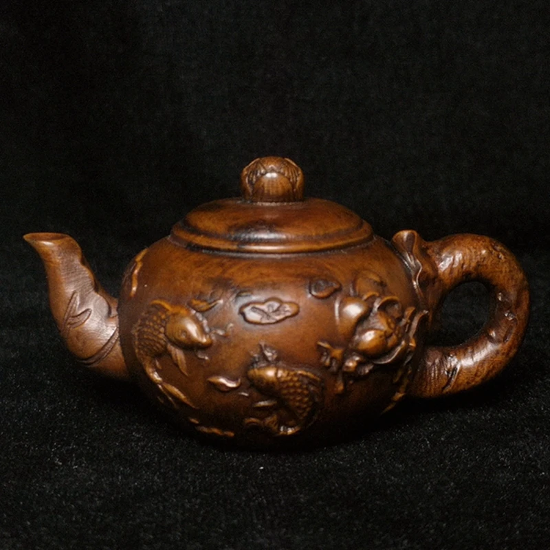 YIZHU CULTUER ART Size 3 Inch Old Chinese Boxwood Wood Hand carved Fish Statue Pot Shape Decoration Netsuke Gift Collectable