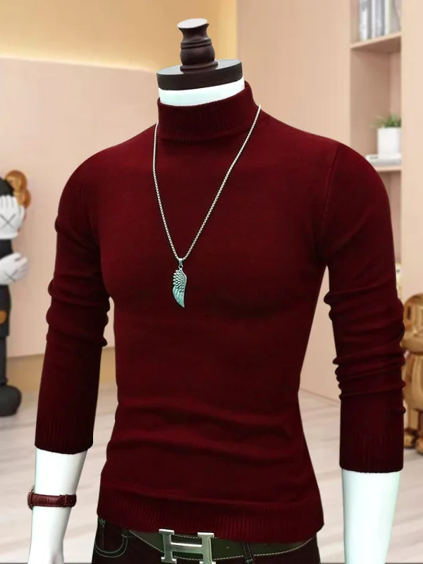 メンズ 暖かいニットセーター ハーフハイカラー スリムフィット 快適なベースレイヤートップ ファッショナブルな韓国スタイル バーガンディ 冬 ビジネスウェア