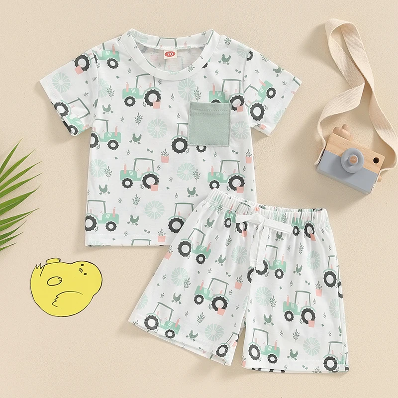 

Tregren 0-3Y Toddler Baby Boy Summer Outfit Casual Short Sleeve Farm Print T-Shirt Tops + Elastic Shorts 2pcs Set Infant Clothes