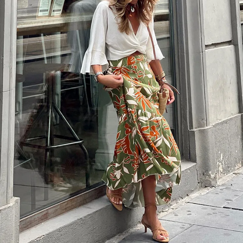 Elegant Women Green Print Elastic Waist Skirt Spring Summer Femme Patchwork Slim SkirtStreetwear Casual Ankle-Length Long Skirt