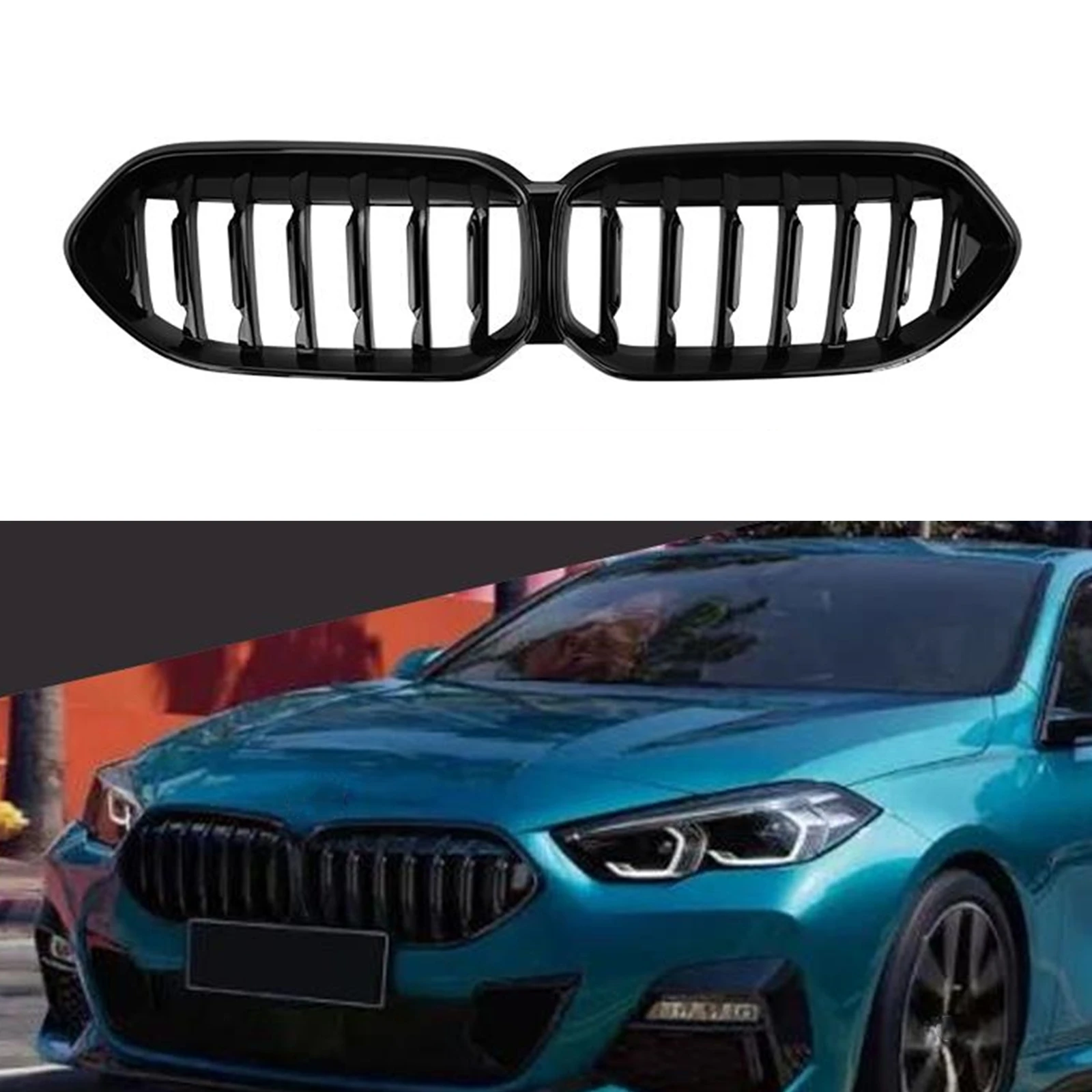 For BMW 2 Series F44 2020-2022 220i 230i Gloss Black Upper Bumper Intake Hood Cover Mesh Grid Front Kidney Grille Racing Grills