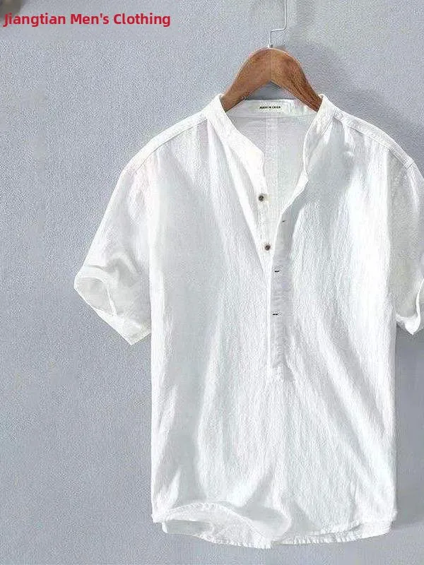 

Высококачественная хлопково-льняная футболка с коротким рукавом, больших размеров, в ретро-национальном стиле, с воротником-стойкой, свободного кроя, для среднего и пожилого возраста.