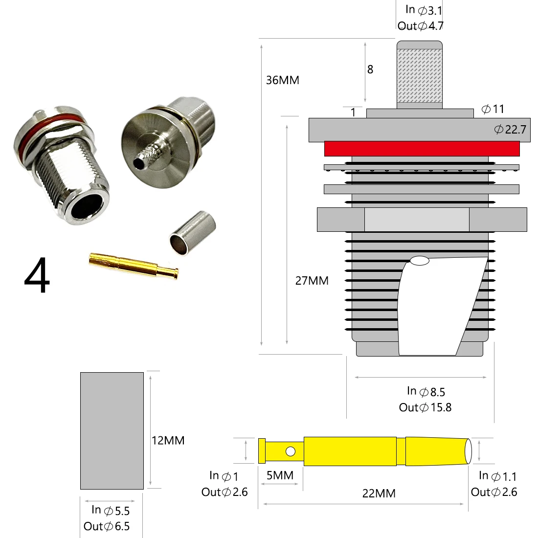 1-4PC N Type Male Female Plug Jack RF Coax Connector Crimp for RG316 RG174 RG58 RG142 Cable Copper Nickelplated With Drawing NEW