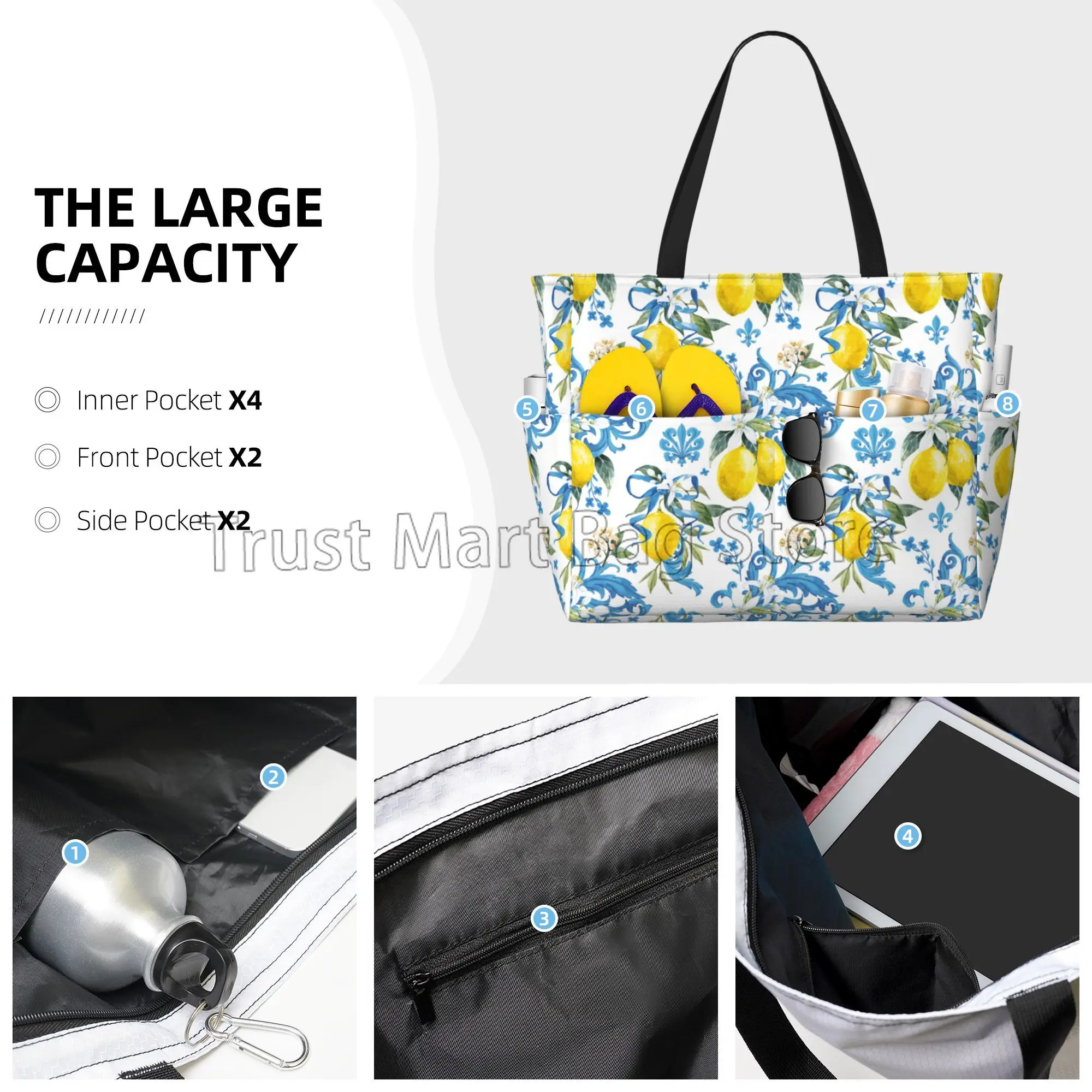 Summer Tropical Lemon Waterproof Beach Bags for Women Utility Zipper Tote Bag Lightweight Sandproof Swim Pool Bags Large Totes