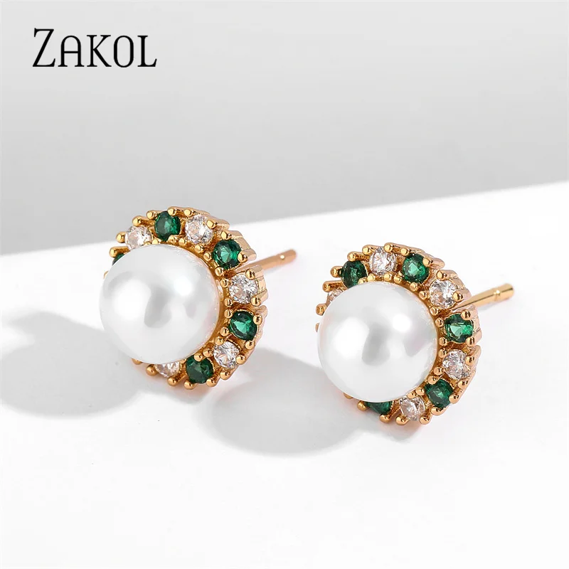 ZAKOL Vintage Green Cubic Zircon Flower Stud Earrings for Elegant Women Fashion Imitation Pearl Wedding Party Birthday Jewelry