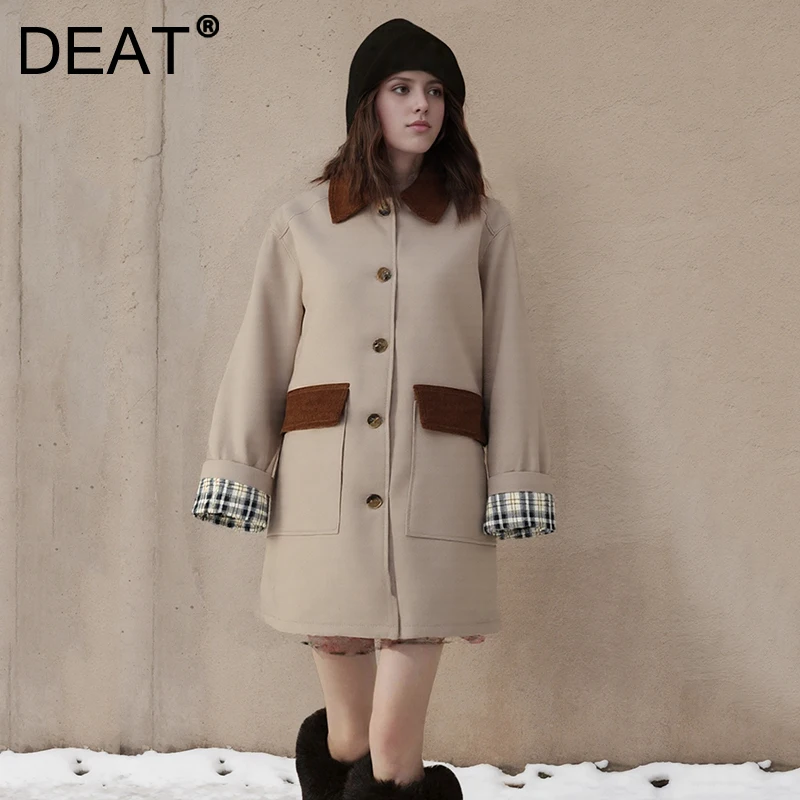 DEAT Fashion Contrast Color Trench Coat Women's Lapel Loose Single Breasted Long Sleeves Plaid Cuff Khaki Windbreaker New CPG274