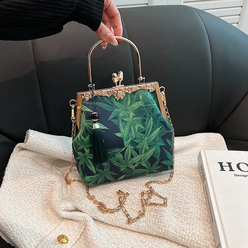

Vintage Purple Green Small Evening Bags Fashion Chinese Style Leaves Print Handbag For Women Chain Shoulder Bag Crossbody Party