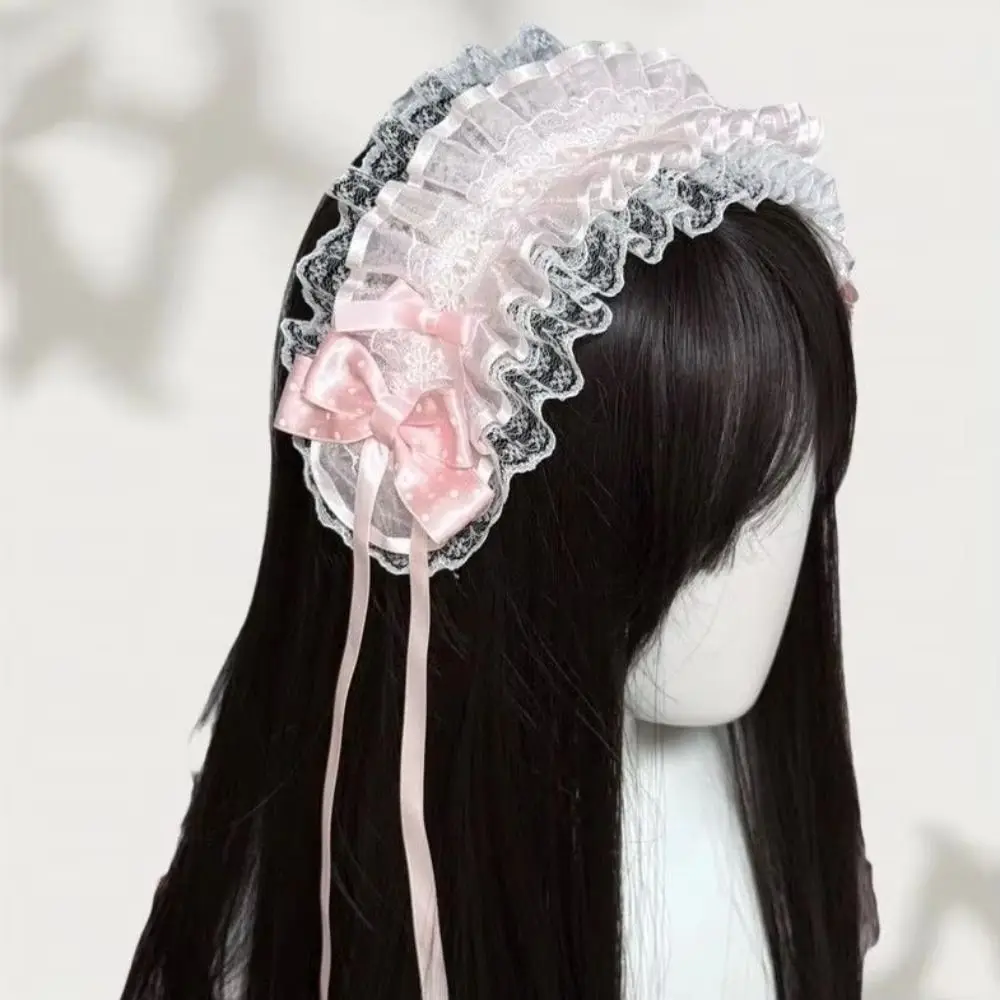 Cute Polka Dot Lace Headband Floral Lace Ruffled Trim Bow Headband Ribbon Bows Clip Fastening Princess Headdress Hair Styling