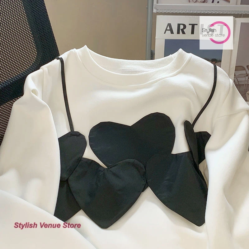 French design sense of love stitching shoulder pad sweater women spring new niche fashion temperament loose age round neck top