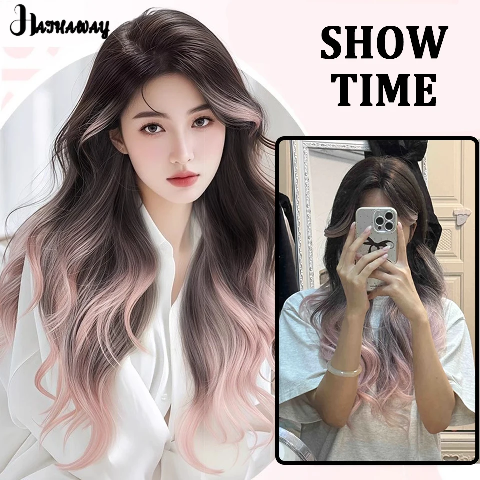 Synthetic Wig 24 Inch Female Daily Lace Long Curly Hair Natural Paris Highlights Pink Temperament Split Face Full Headgear Wig