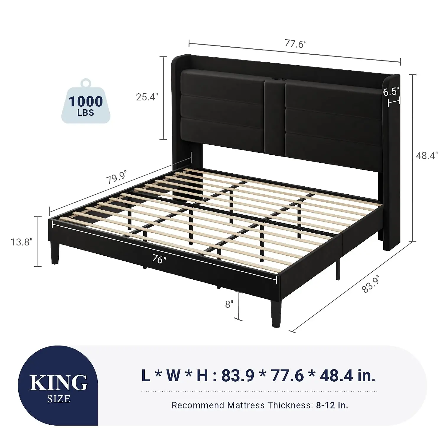 King Platform Bed Frame with Storage Headboard, Charging Station, Velvet Wingback, Wooden Slats, No Box Spring, Easy Assembly, B