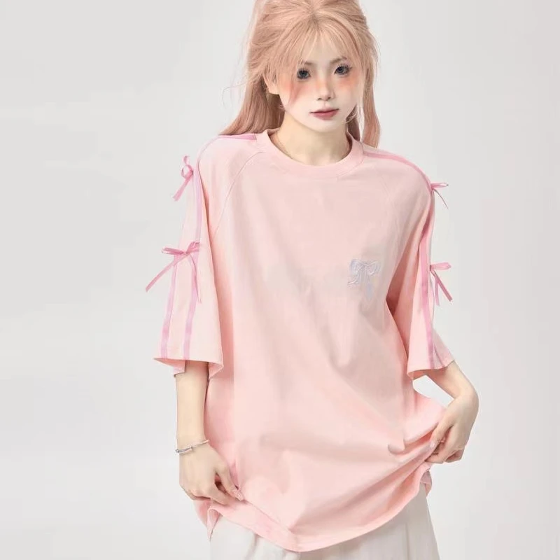 Korean style sweet bow loose short-sleeved design T-shirt for women 2024 new high-end niche ins sweet and spicy embroidered top